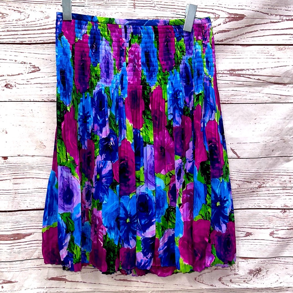 Grace Dane Lewis Pink A -Line Floral Pleated Skirt Silk Flared Size 8